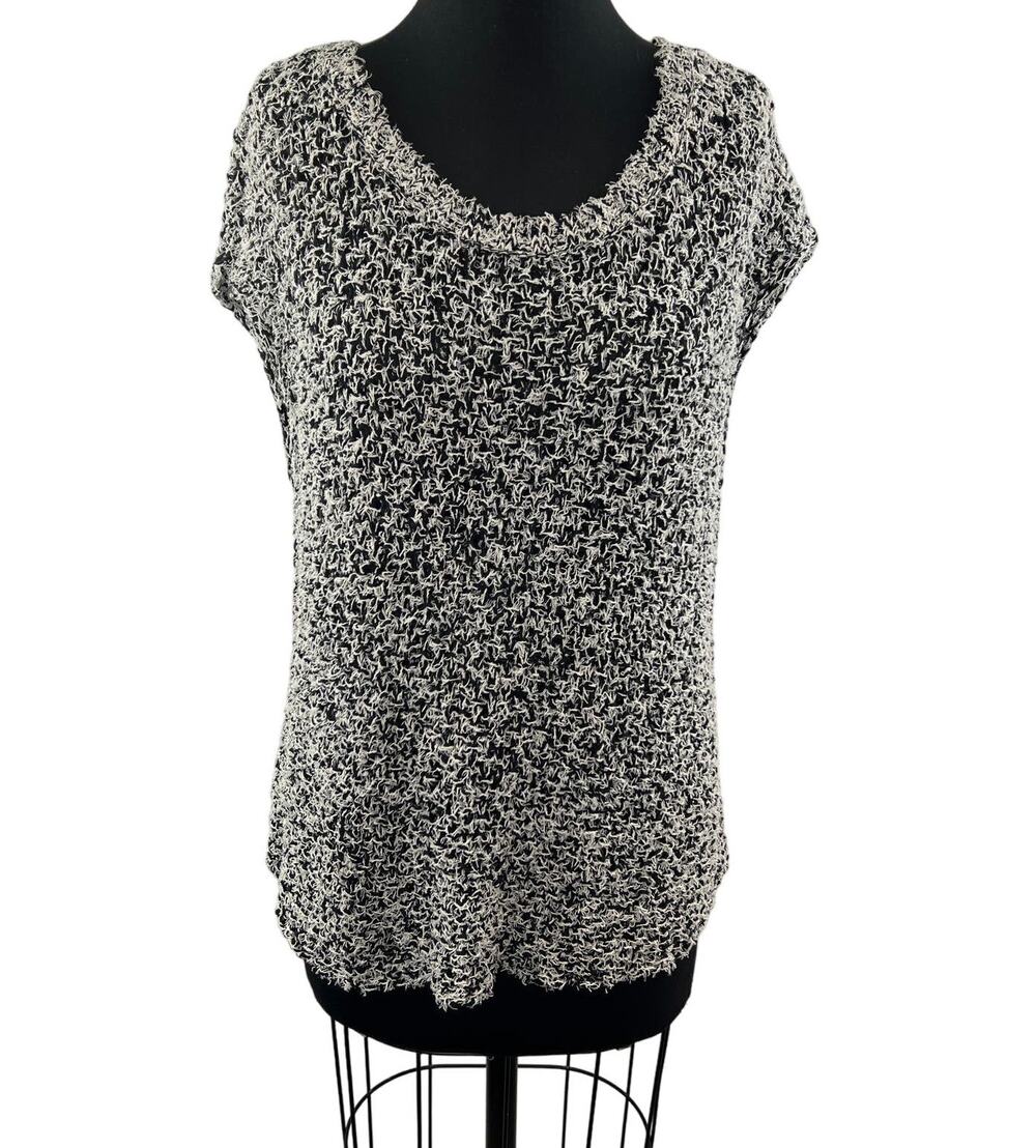 EILEEN FISHER Black White Short Sleeve Tufted Cotton Twist Pullover Sz Medium M